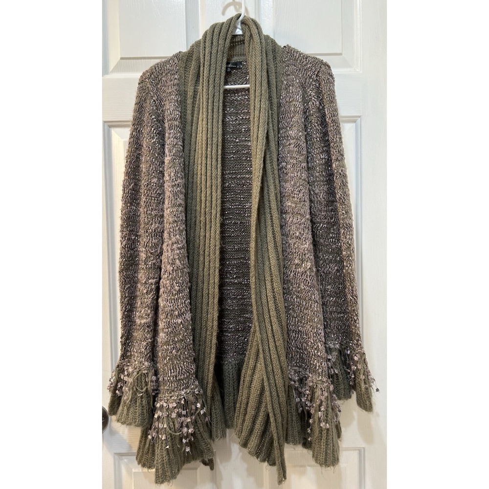 Sioni Wool Infused Open Front Cardigan Sweater Sz XL Petite Textured Fringe